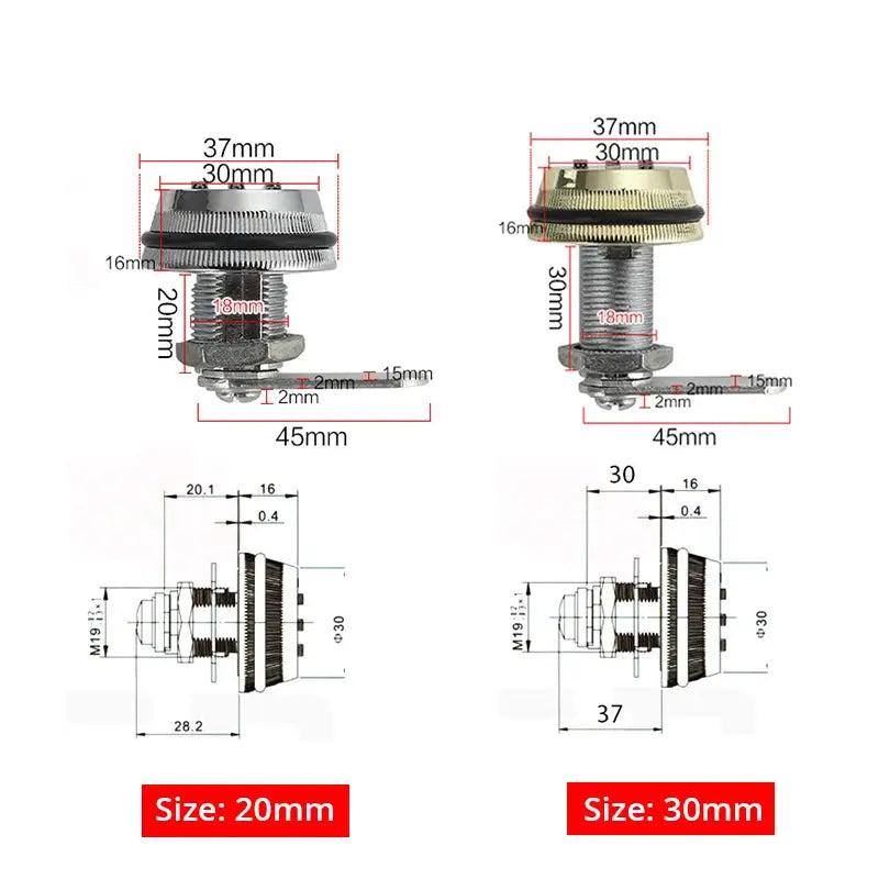 KAK combination cabinet lock set in black and silver zinc alloy; two locks shown in 20mm and 30mm sizes.