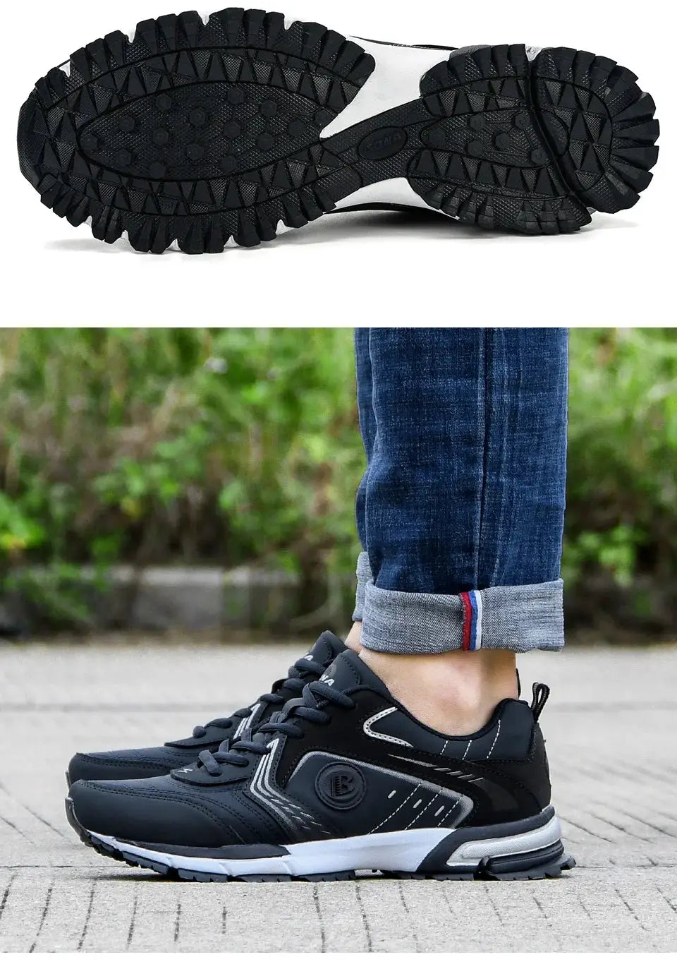 Simples Market BONA men's running shoes, black/gray lace-up breathable outdoor sneakers, two views
