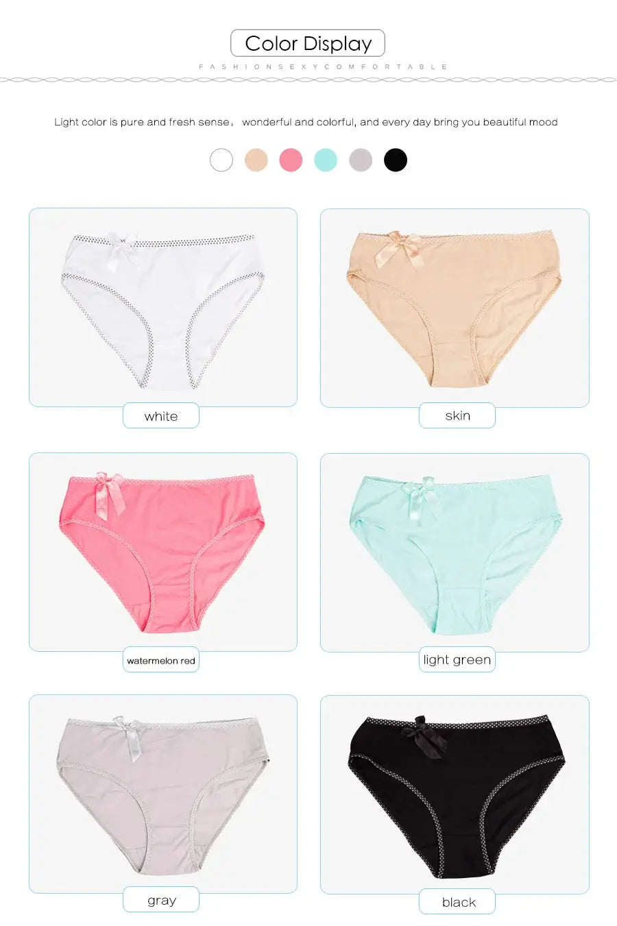 Simples Market cotton briefs six-color set: white, skin, watermelon red, light green, gray, black; mid-rise with bow.