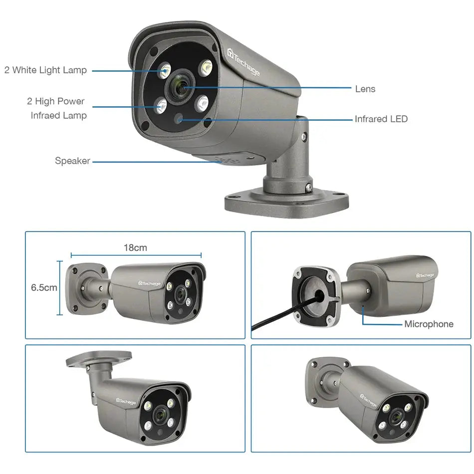 Techage gray metal outdoor POE IP camera with infrared LEDs and two-way audio