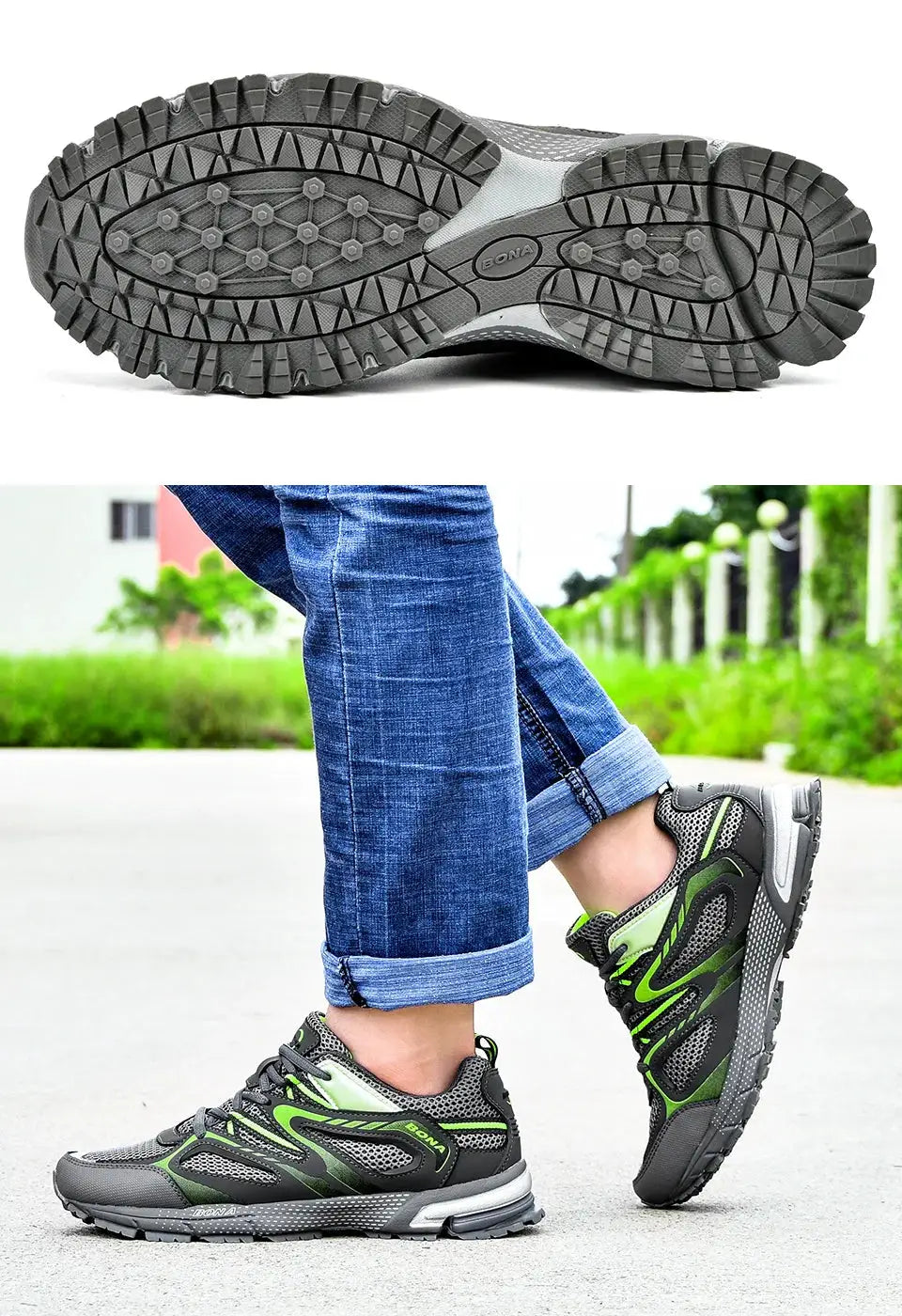 BONA men's running shoes with cow split mesh in grey and green, lace-up outdoor athletic sneakers