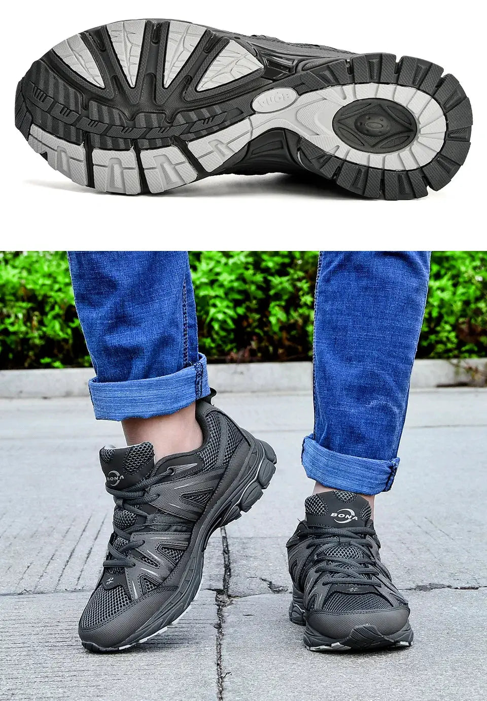 BONA men's running shoes in gray mesh and microfiber, lace-up pair for outdoor jogging