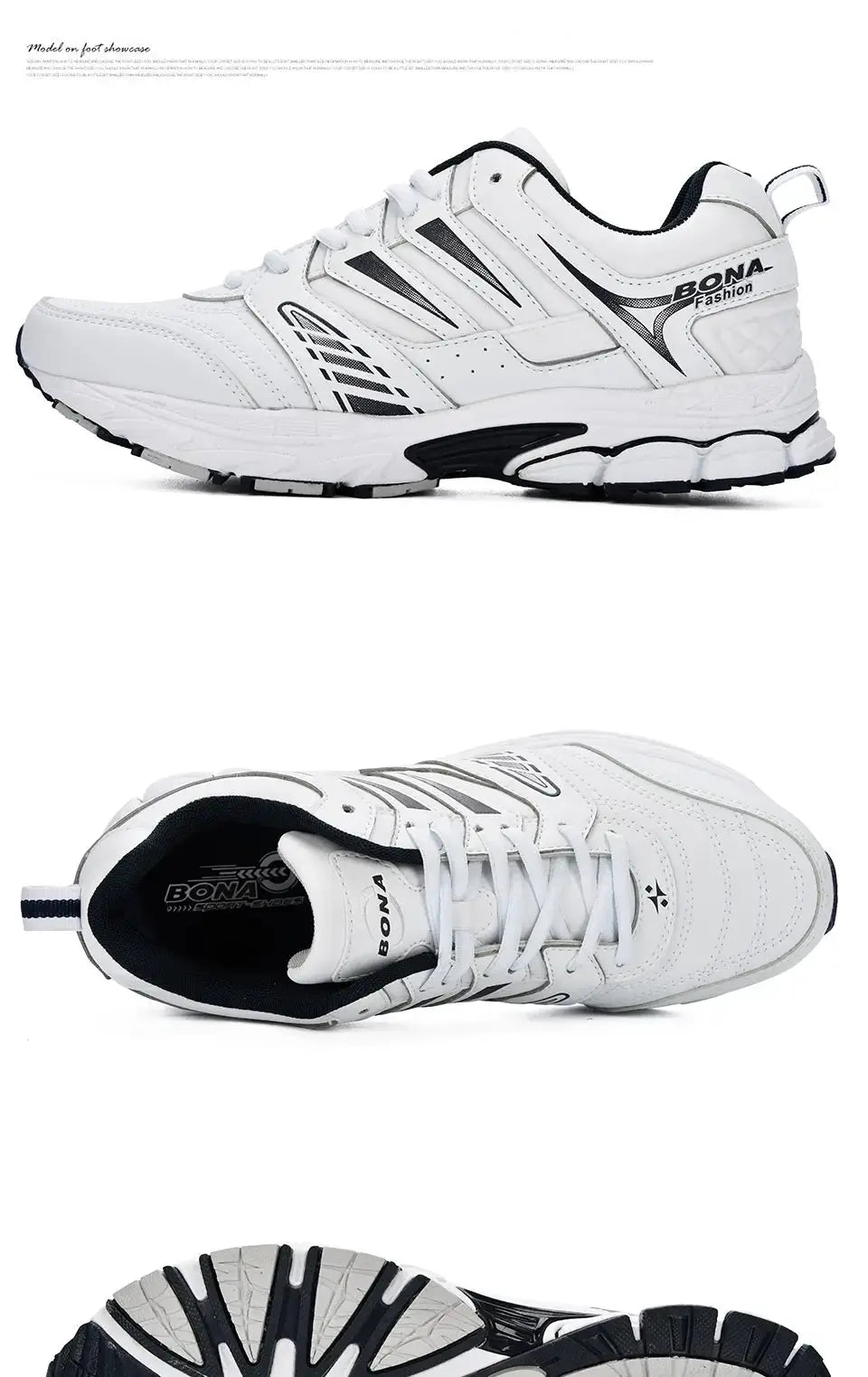 BONA white men's running shoe with black accents, athletic outdoor sneaker