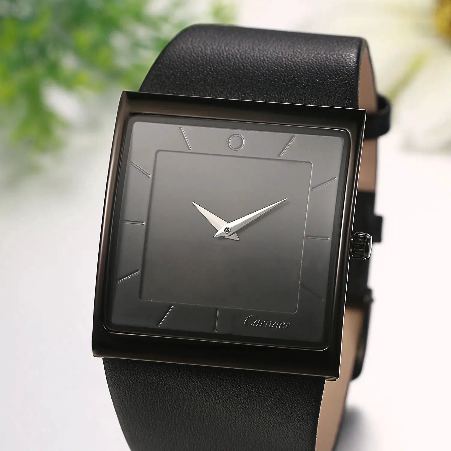 LANCARDO square-faced men's watch with black leather strap and minimalist grey dial