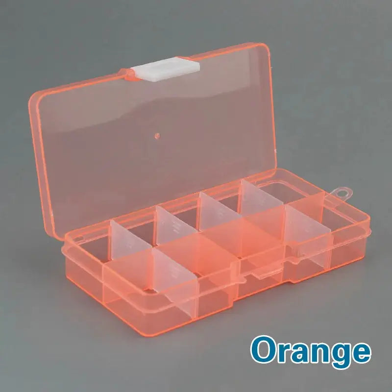 Orange plastic 10-slot storage box with lid for beads, jewelry, screws