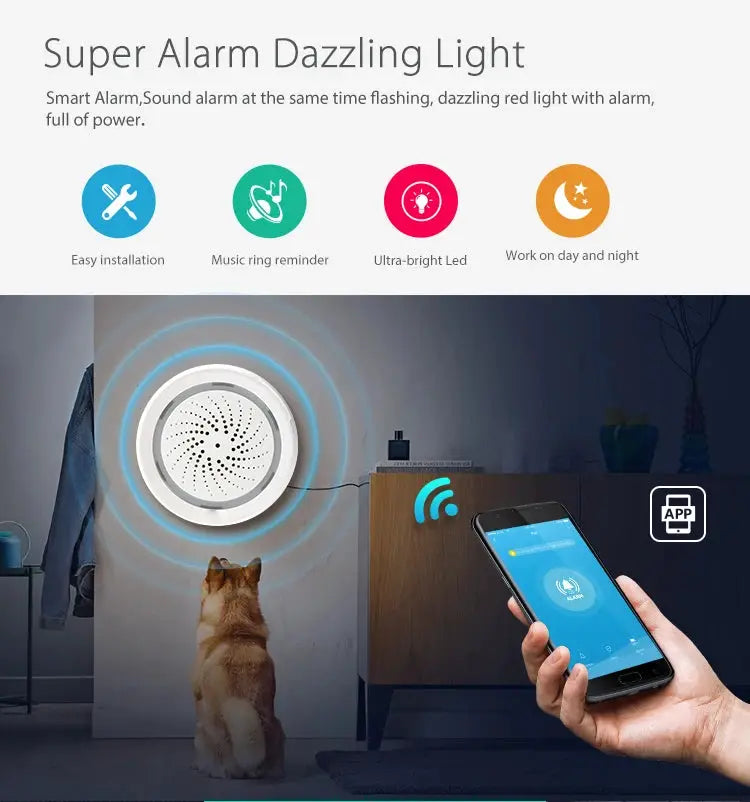 Smart Tuya Wifi Siren Alarm with temperature humidity sensor, app control, white circular device
