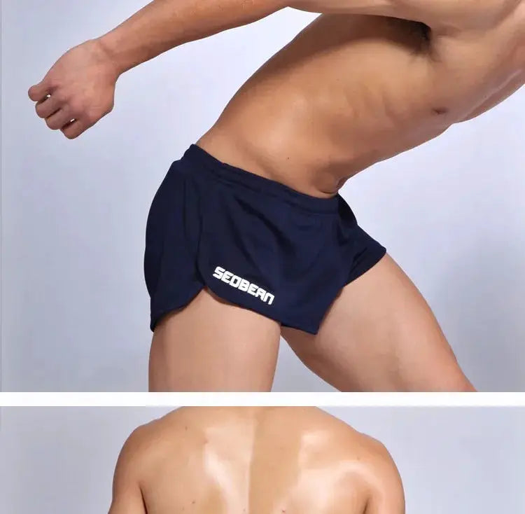 SEOBEAN men's sports running shorts navy blue with white logo