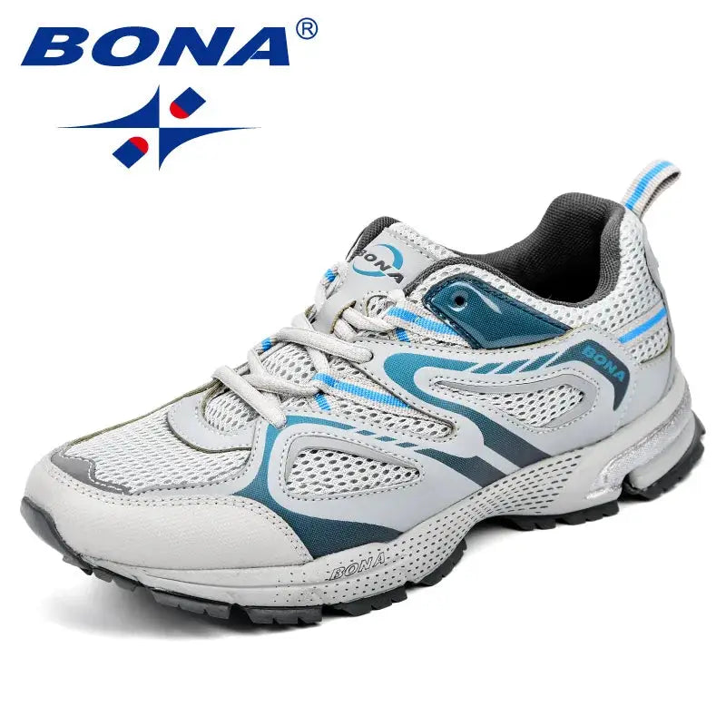 BONA men's running shoes with white mesh upper and blue accents, lace-up outdoor joggers