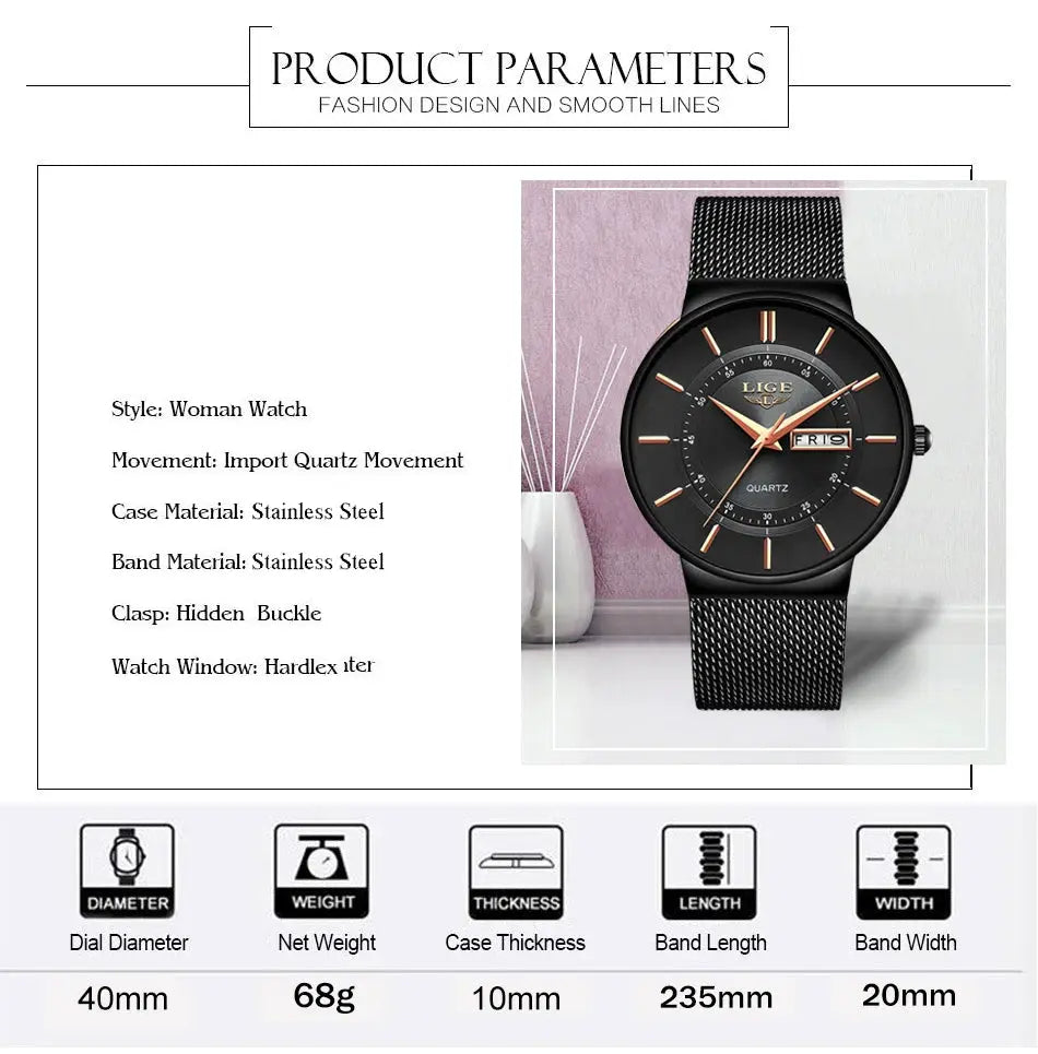 LIGE men's stainless steel mesh watch with black dial, rose-gold hands and date window