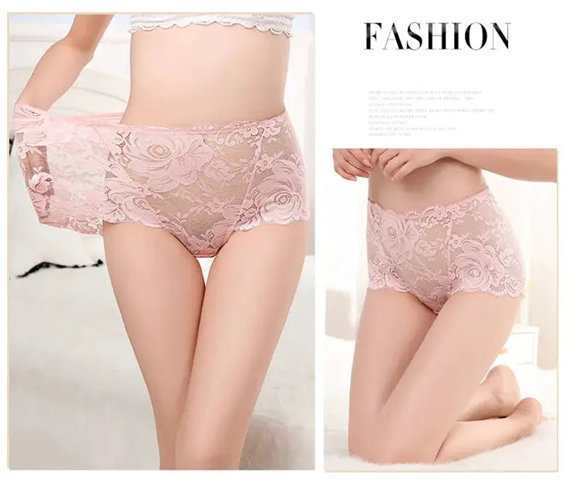 Pink lace high-waist panties by Simples Market; plus-size women's underwear with floral lace and cotton crotch
