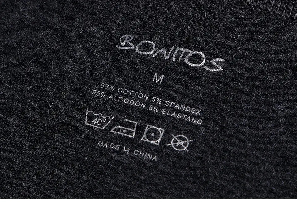 BONITOS men's long-leg boxer shorts label on dark fabric; 95% cotton, 5% spandex, made in China.