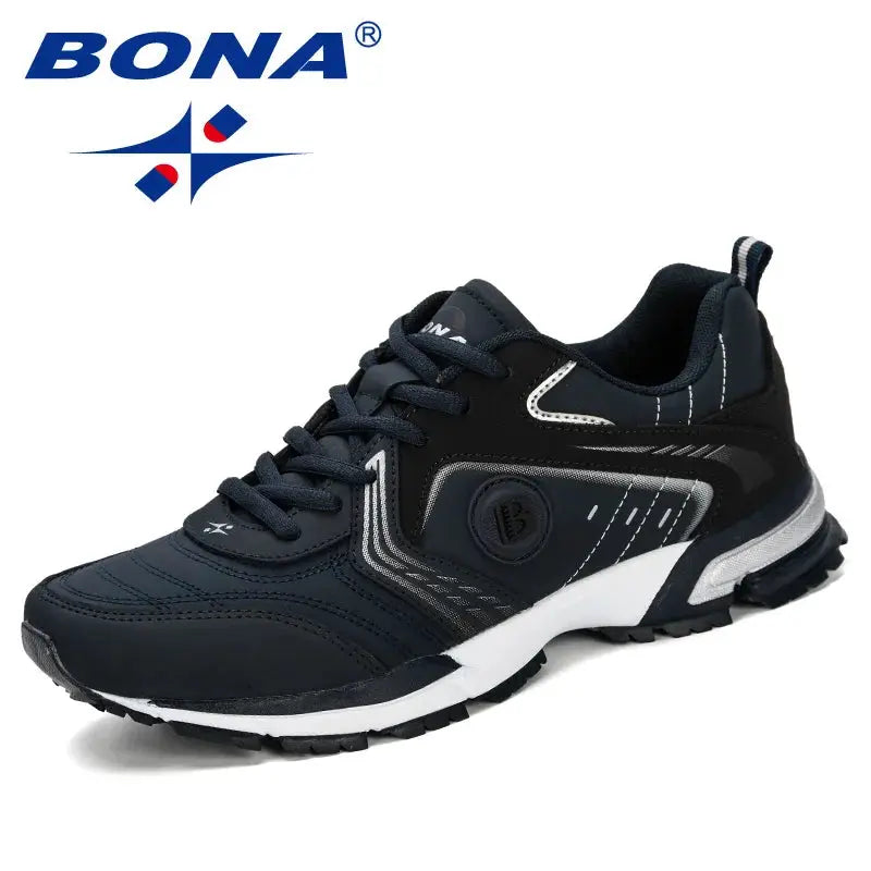 BONA men's running shoes, black navy breathable lace-up sneakers with cushioned sole