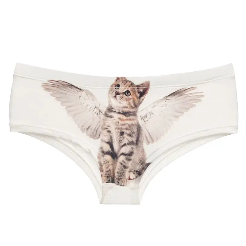 DeanFire Kawaii 3D panties for women, white briefs with angel kitten cartoon print.