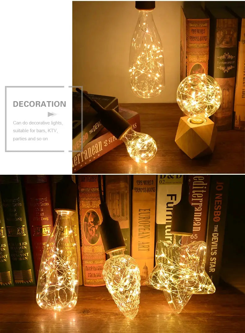 Decorative 3D night light set with bottle, cone and star shapes filled with warm fairy lights for home bedside decor