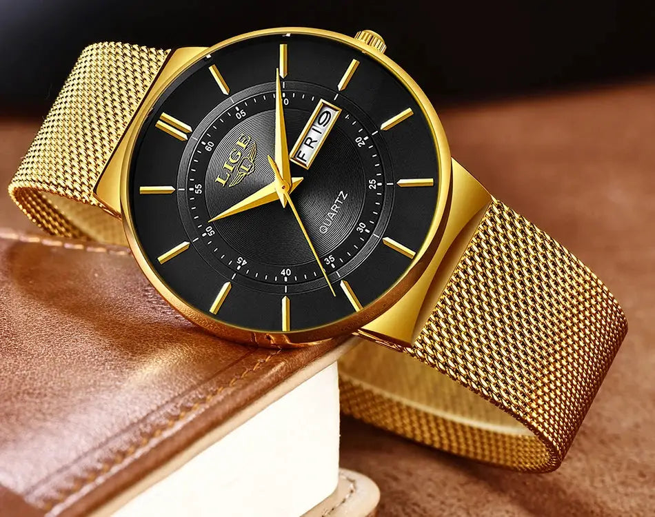 LIGE men's luxury watch with gold-tone stainless steel mesh strap and black dial