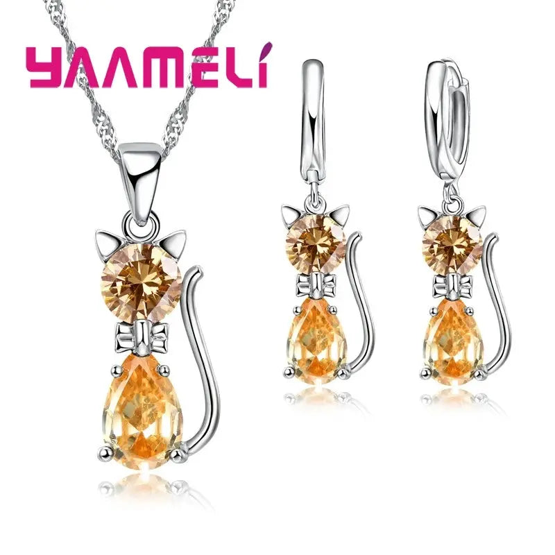 Real 925 Sterling Silver Cat Pendant Necklace And Huggie Earrings With Austrian Crystal Jewelry Set For Women And Girls