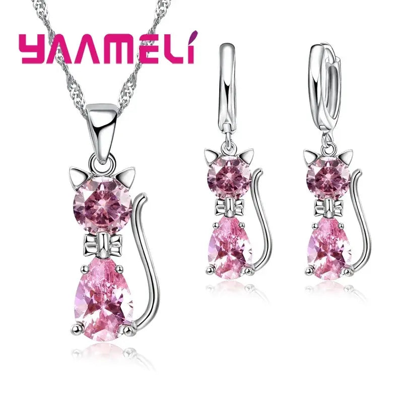 Real 925 Sterling Silver Cat Pendant Necklace And Huggie Earrings With Austrian Crystal Jewelry Set For Women And Girls