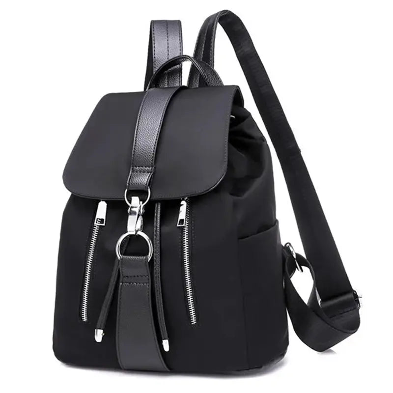 Women's nylon backpack by Simples Market in black with silver zippers and front pockets