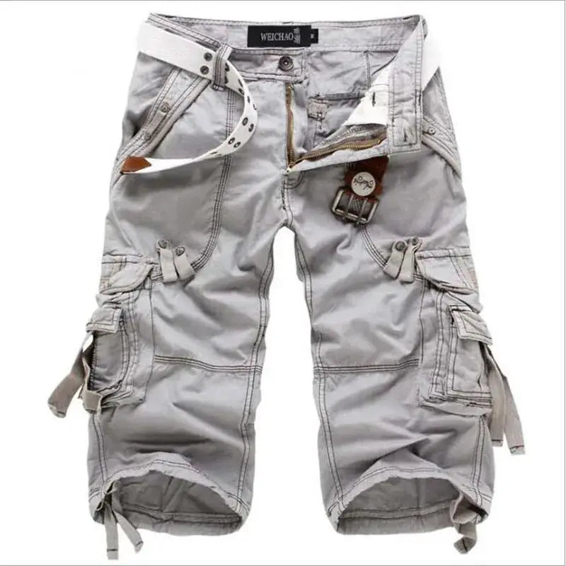 Men's cargo shorts by Weichao, light gray cotton knee-length with multiple pockets and belt