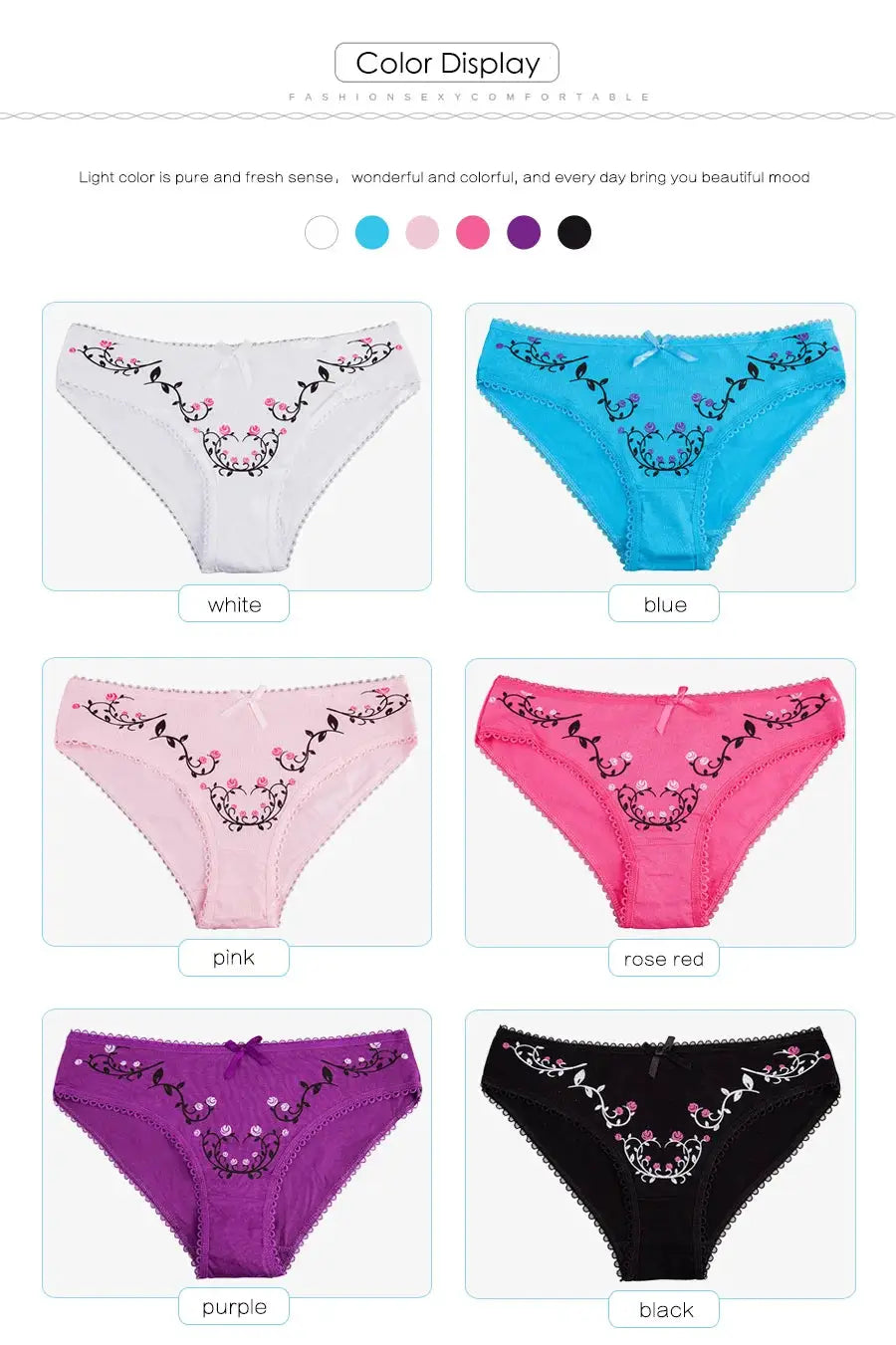 Women's cotton panties set by Simples Market in white, blue, pink, rose red, purple and black (6 pcs)