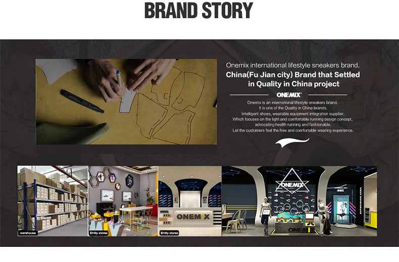 ONEMIX running shoes brand-story collage with store displays and ONEMIX logo