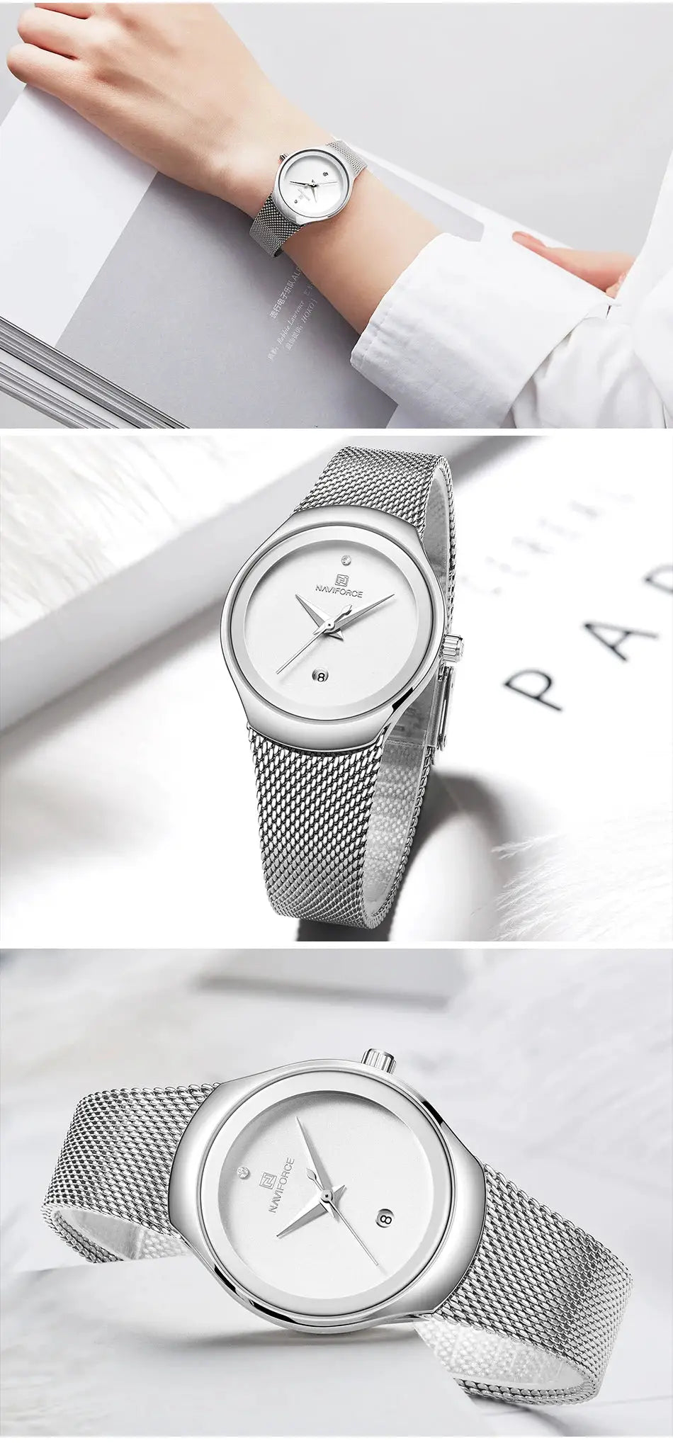 NAVIFORCE women's mesh stainless steel dress watch with silver dial by Simples Market