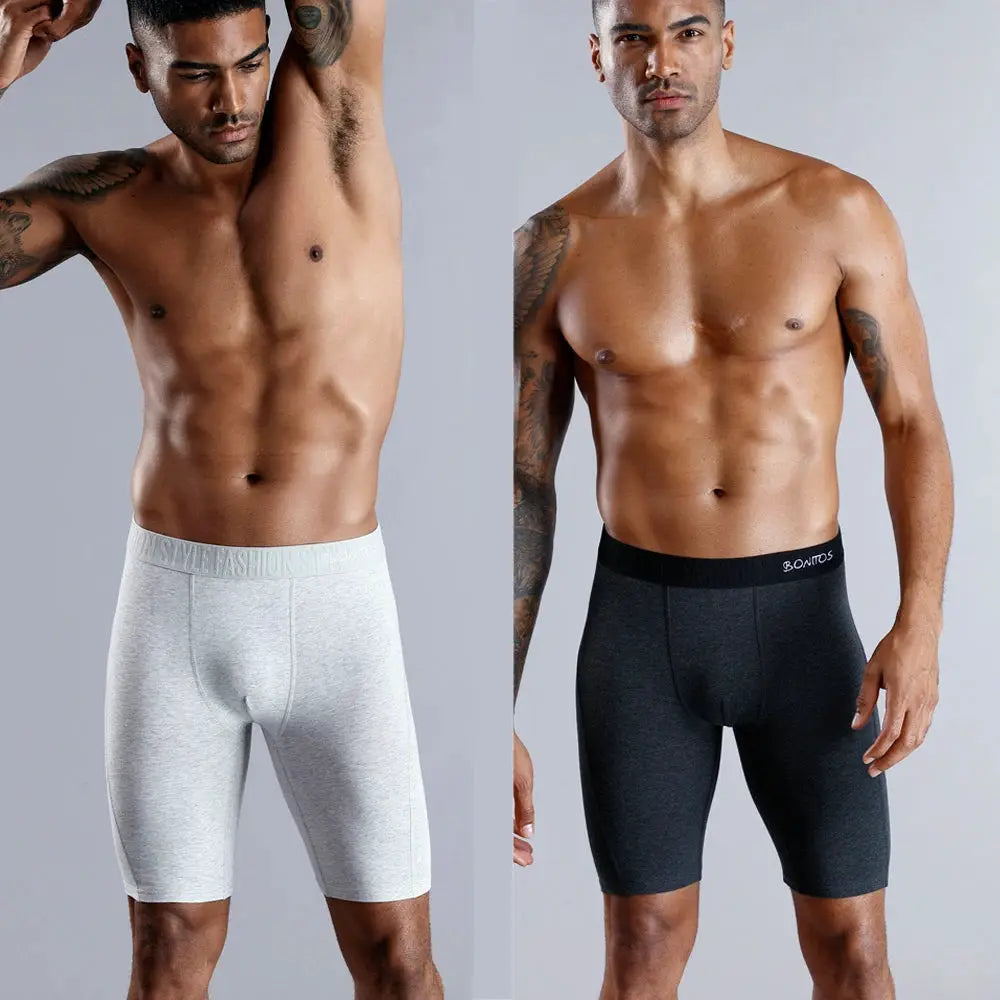 Bonitos men's long-leg boxer shorts, gray and black cotton underwear, 2-pack