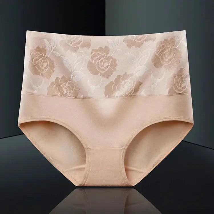 Women's plus-size high-waist cotton panties in nude beige with floral lace waistband, seamless