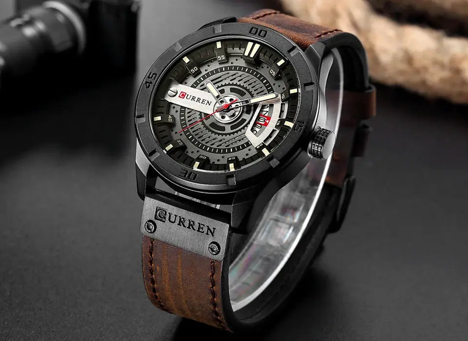Curren men's luxury military-style sport watch with black case, skeleton dial, and brown leather strap
