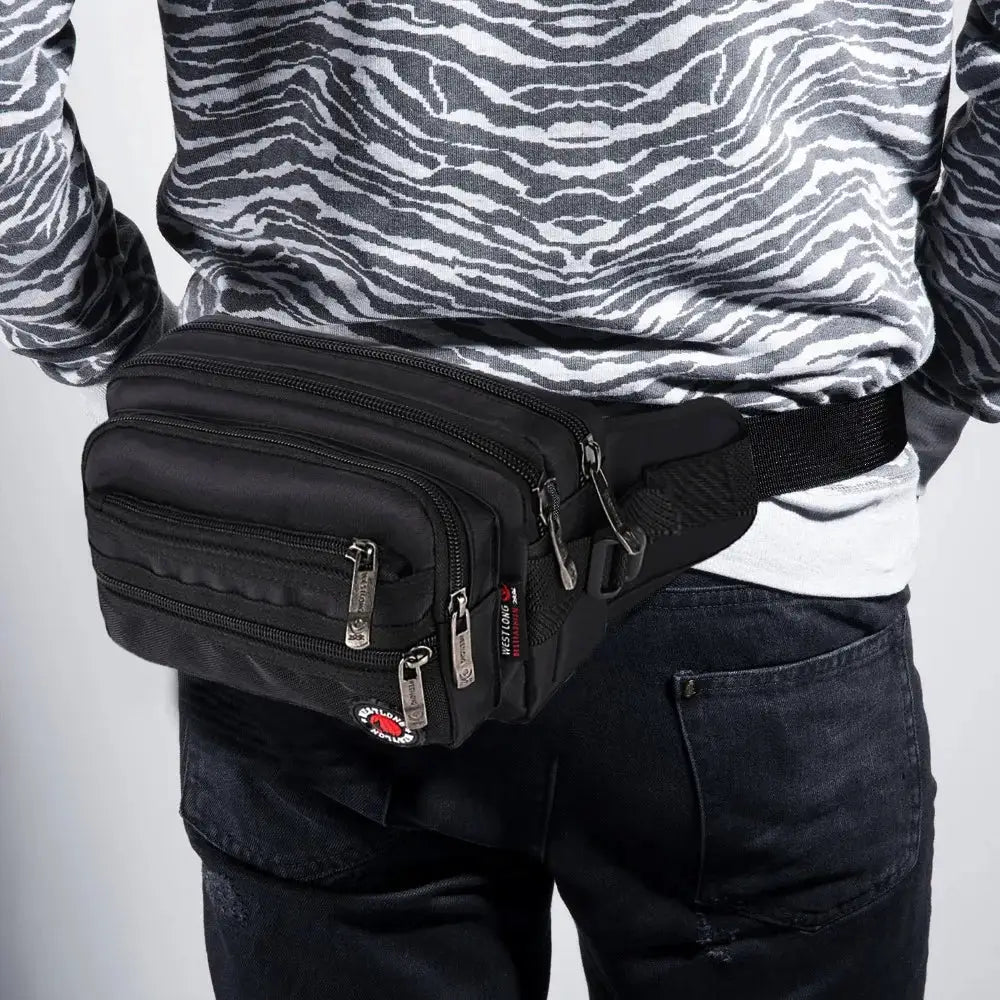 Simples Market black waterproof waist pack with multiple zip pockets, unisex fanny bag