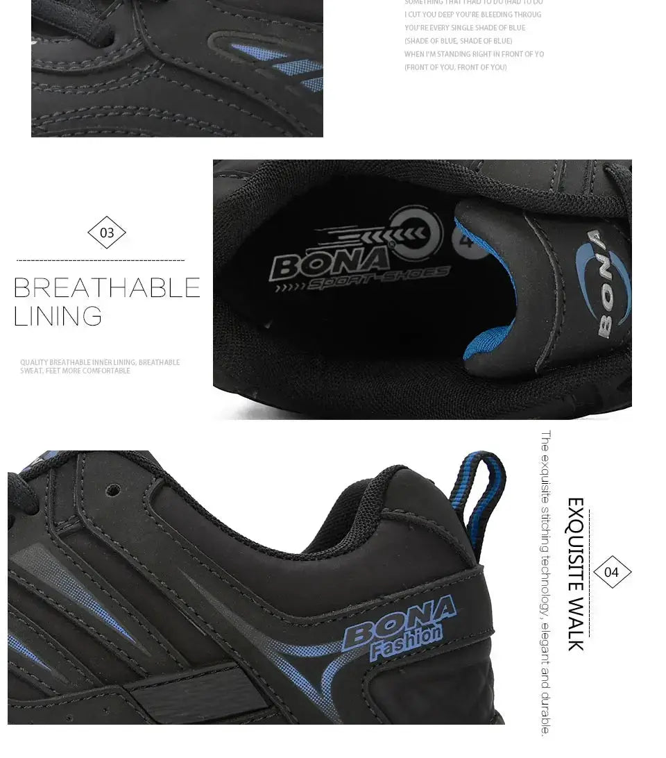 BONA men's running shoes by Simples Market; black breathable sneakers with blue accents and sporty design.