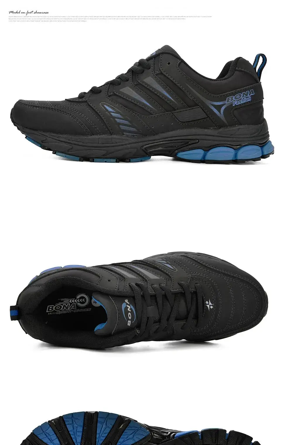 BONA men's running shoes in black with blue accents; breathable outdoor sneakers.