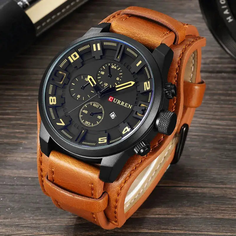 Curren men's chronograph watch with black dial and tan leather strap.