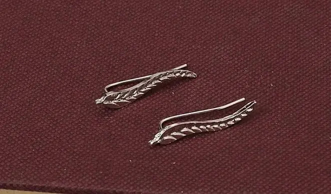 Feather leaf ear studs, two silver-tone earrings for women, vintage-inspired