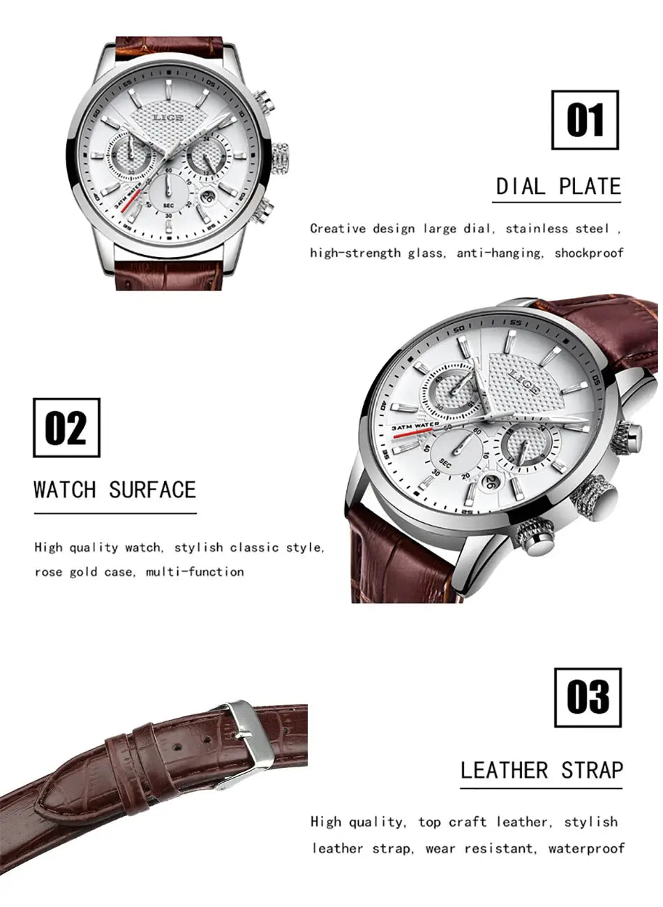 LIGE men's luxury watch with white dial, stainless steel case and brown leather strap