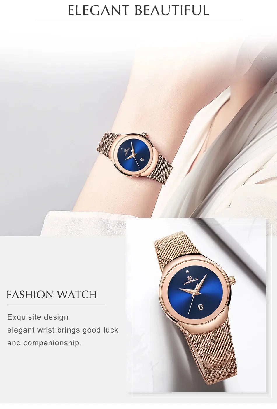 NAVIFORCE women's dress watch with rose gold stainless steel mesh band and blue dial