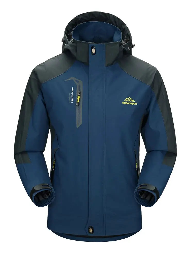 TRVLWEGO men's waterproof hiking jacket in blue with dark gray panels, hooded windbreaker with outdoorsport logo