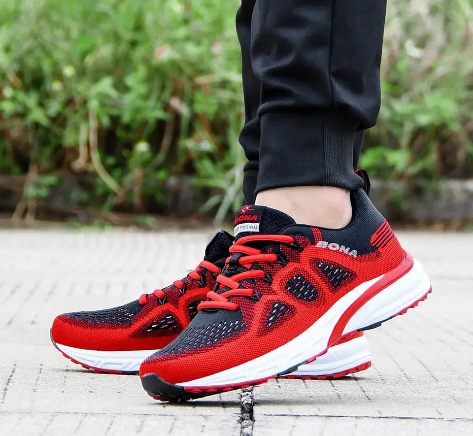 BONA sneakers for men; red and black mesh lightweight running shoes, outdoor athletic trainers