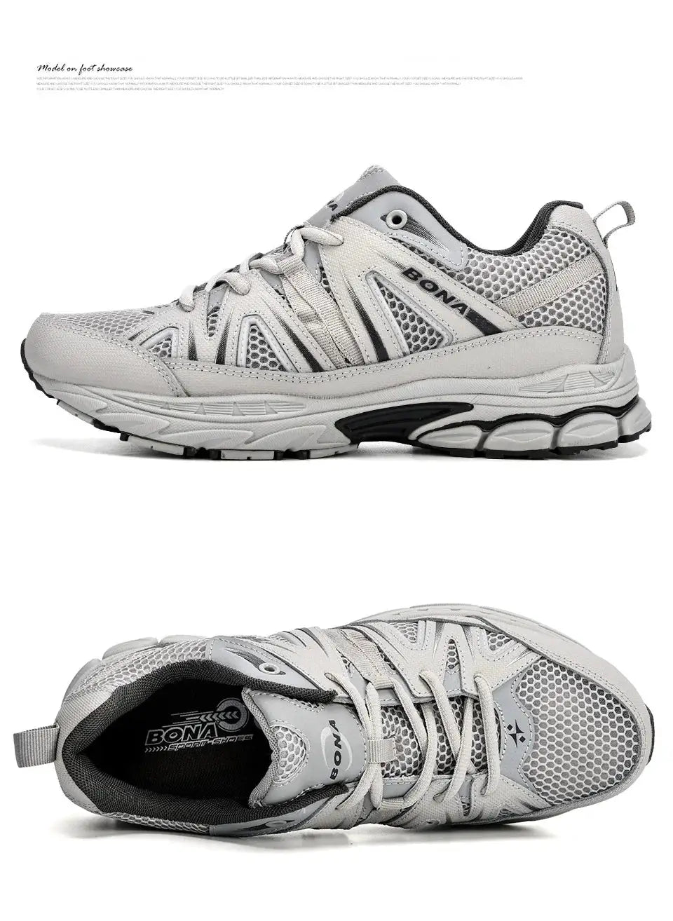 BONA men's running shoes in light gray mesh with synthetic overlays, lace-up athletic sneakers