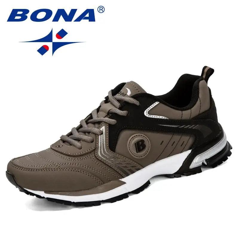 BONA men's running shoes, brown/tan with black accents, lace-up, breathable athletic sneakers