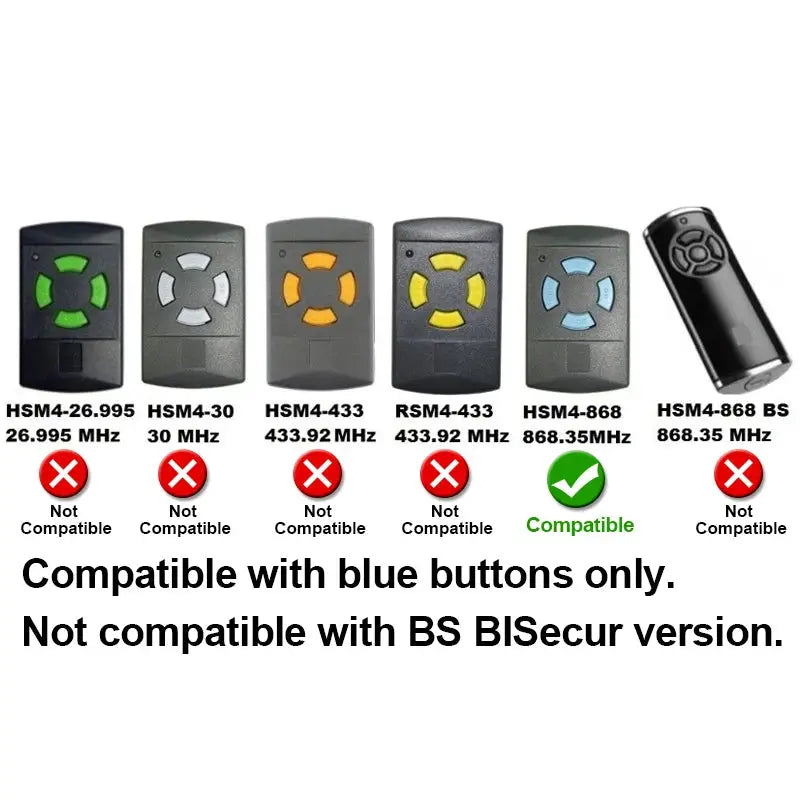 Simples Market HSM4 868 garage door remote set of 6 remotes; blue-button model is compatible.