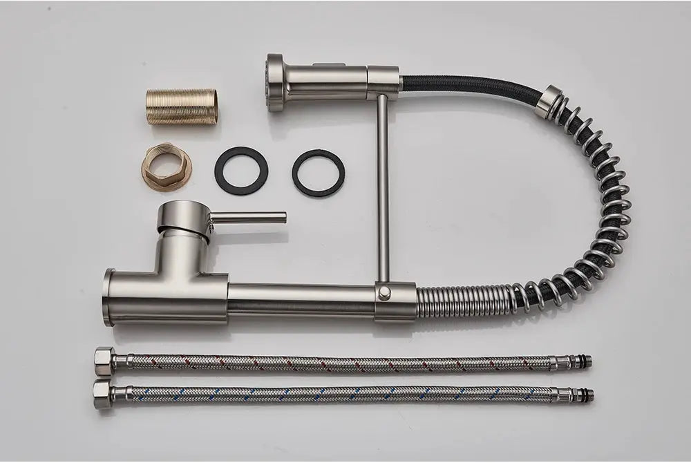 Rozin brushed-nickel deck-mounted kitchen faucet mixer with 360-degree rotation, includes 2 braided hoses and fittings