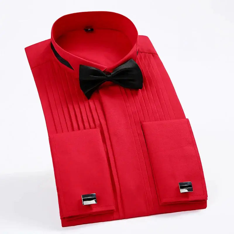 Men's red winged-collar dress shirt with pleated front, black bow tie, and cufflinks; Simples Market