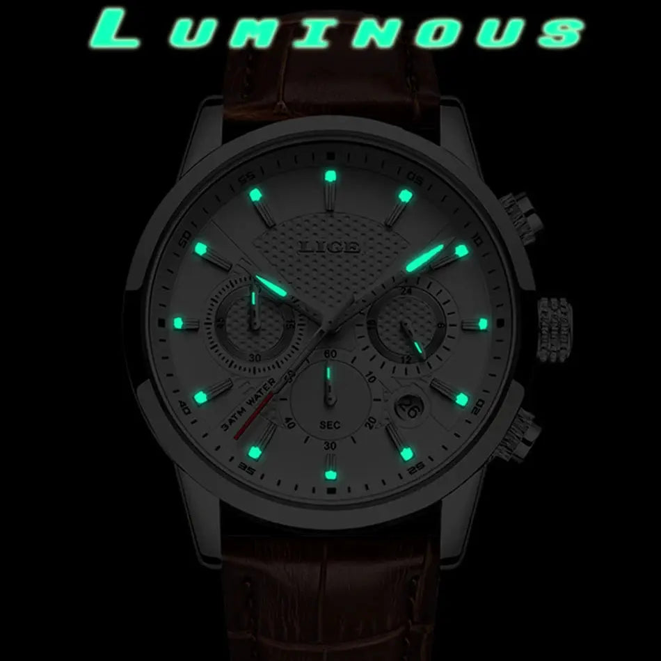 LIGE men's luxury leather chronograph watch with brown strap and green lume markers