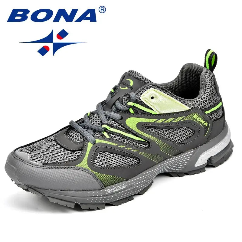 BONA men's running shoes in grey with lime green accents, mesh upper, lace-up athletic sneakers