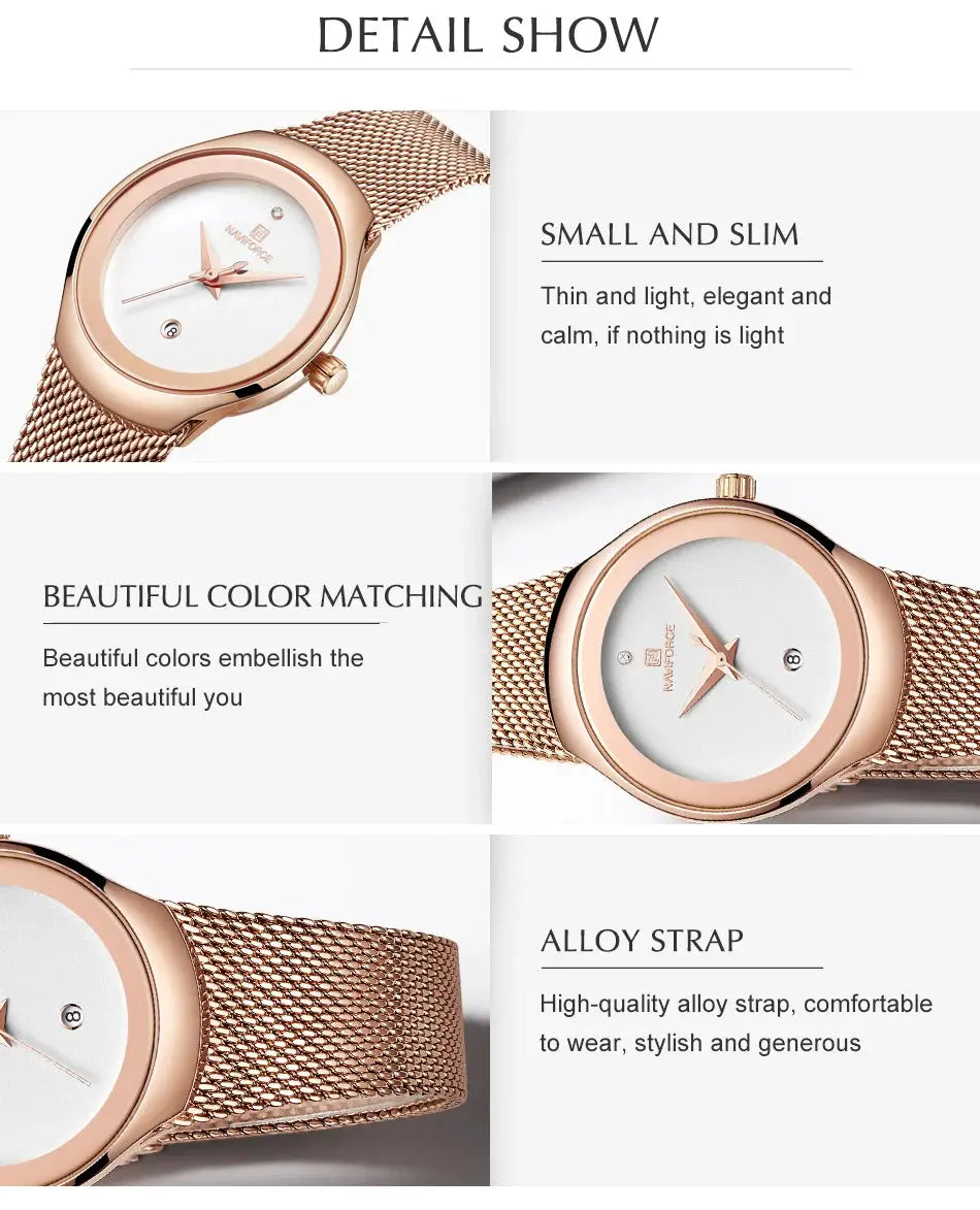 NAVIFORCE women's rose-gold watch with mesh stainless-steel strap and round case