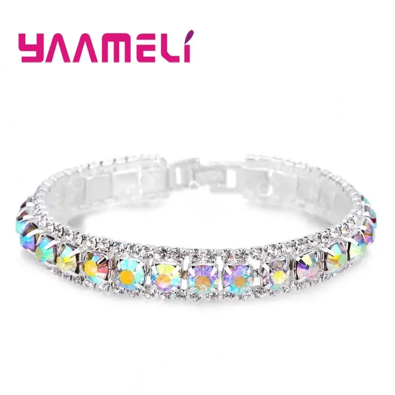 Sterling Silver 925 Bracelets For Women With AAA Zircon Austrian Crystal Link Chain Bangle In 14 Colors