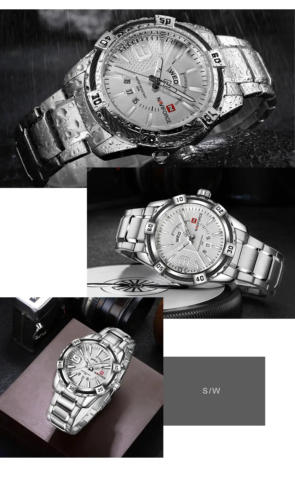 NAVIFORCE men's wristwatch with silver stainless steel band, water-resistant quartz, set of 3