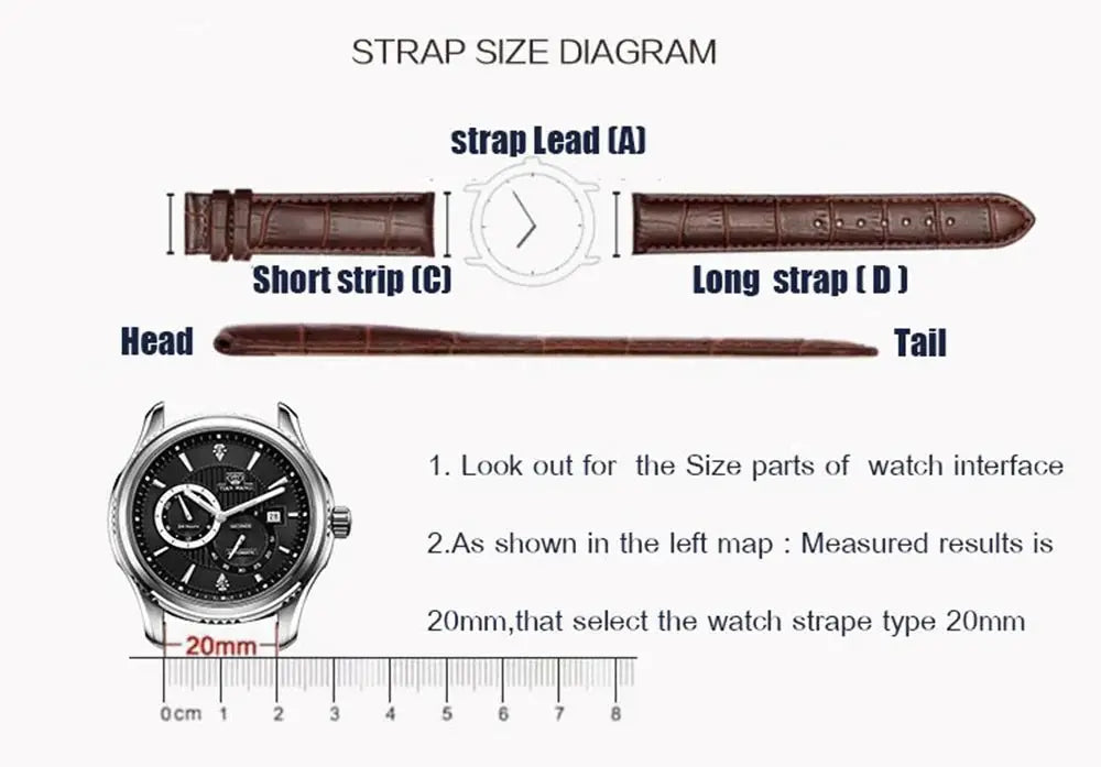 Simples Market premium genuine leather watchbands (12–24 mm) with tool, brown straps shown with size diagram