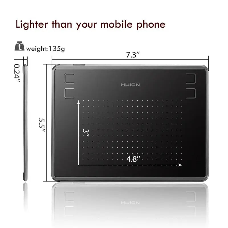 HUION H430P drawing tablet by Simples Market; black, battery-free pen, 4.8 x 3 in active area, 7.3 in wide.